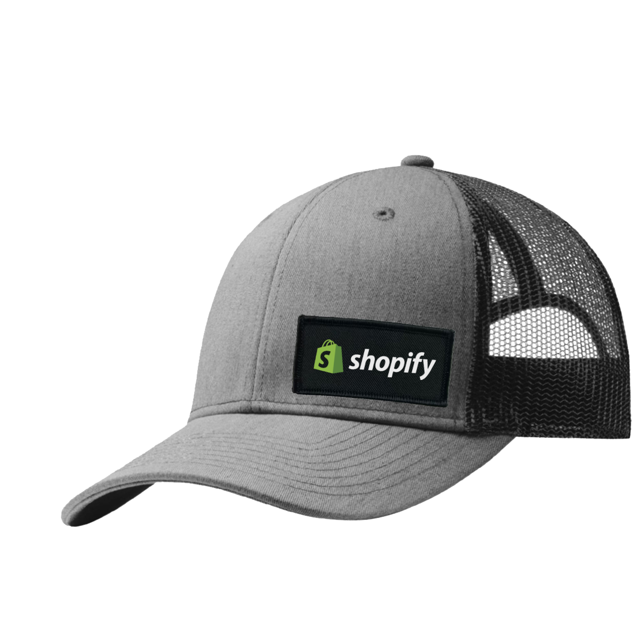 Shopify Demo Night Out Woven Patch Snapback Trucker Hat Heather Gray/Black